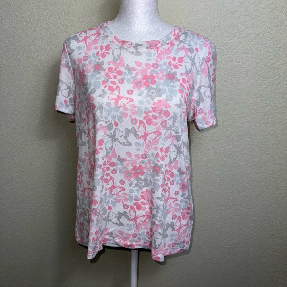 Rene Rofe Women's Sleepwear Top NWT Pink and Gray Floral Butterflies Size Small